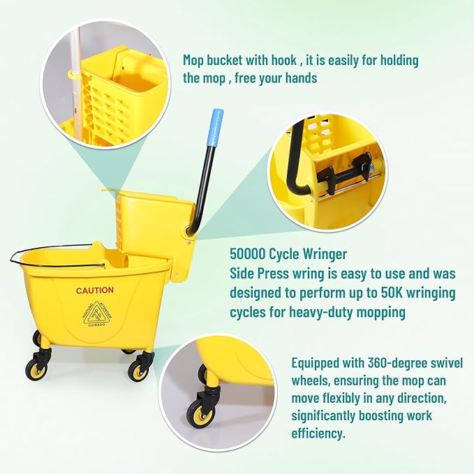 Press Wringer Combo Commercial Rectangular Mop Bucket on Wheels, 35-Quart, Yellow,Add One Commercial Mop and One Set Rubber Gloves