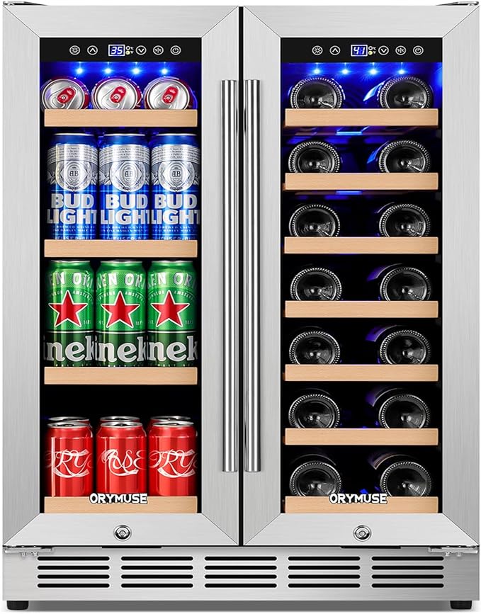 24 Inch Dual Zone Wine and Beverage Refrigerator, Built-in or Freestanding Cooler with French Doors, Drink Fridge with Upgraded Compressor for Beer, Wine, and Soda