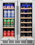 24 Inch Dual Zone Wine and Beverage Refrigerator, Built-in or Freestanding Cooler with French Doors, Drink Fridge with Upgraded Compressor for Beer, Wine, and Soda