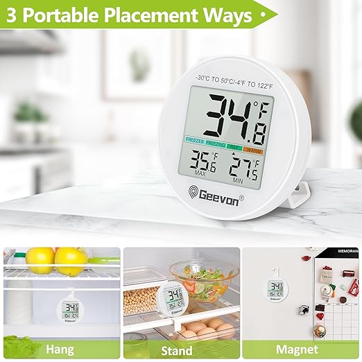 Geevon Small Digital Refrigerator Thermometer 5 Pack, IP65 Waterproof Commercial and Home Use, Max/Min Record Function with LCD Screen, Stand and Magnetic Back, for Fridge, Freezer Scenarios