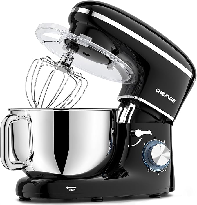 CHeflee Stand Mixer,660W 6+P With 6.5QT Stainless Steel Bowl,Dough Hook, Wire Whip & Beater,for Most Home Cooks (Black)