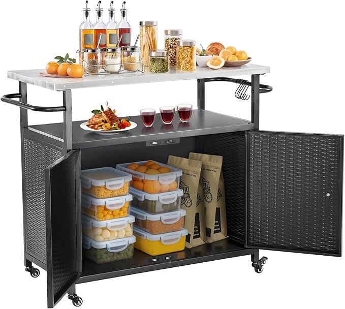 Outdoor Grill Cart with Storage, Outdoor Bar Cart with Wheels, Kitchen Island Cart with Stainless Steel Top for BBQ, Patio, Backyard