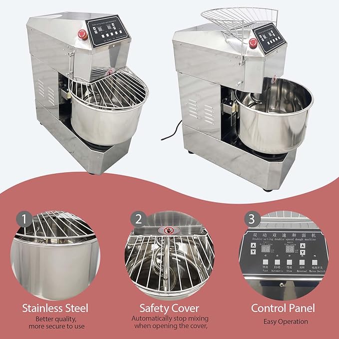 30QT Commercial Stand Dough Mixer Double Action Fast and Slow Speed Spiral Electric Flour Mixing Machine for Professional Bread Making Kneading Machine with Speed Time Control 30L 1500W