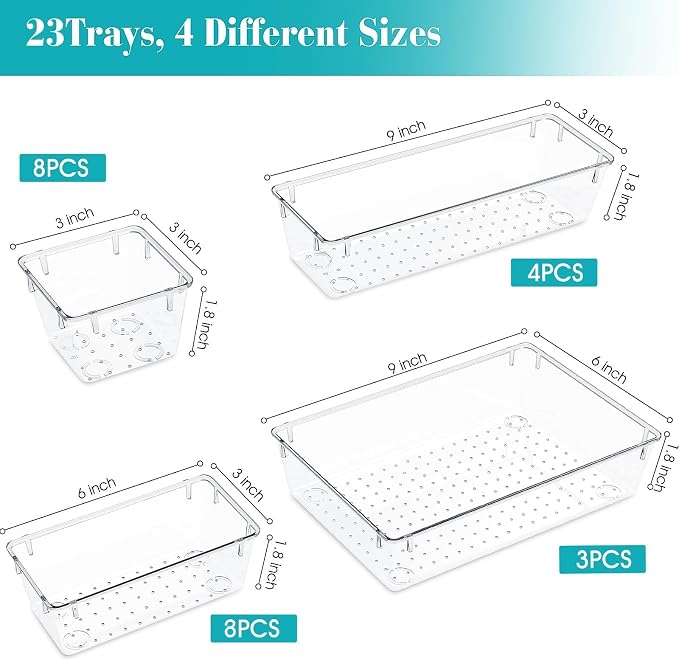23 PCS Plastic Drawer Organizers Set, 4 Size Desk Drawer Organizer Trays | 4 - Image 2