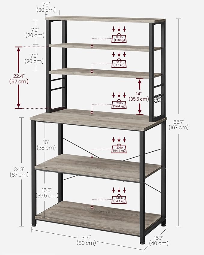 VASAGLE Coffee Bar, 31.5 Inches Baker's Rack for Kitchen with Storage, 6-Tier Kitchen Shelves with 6 Hooks, Microwave Stand, Industrial, Heather Greige and Ink Black UKKS019B02