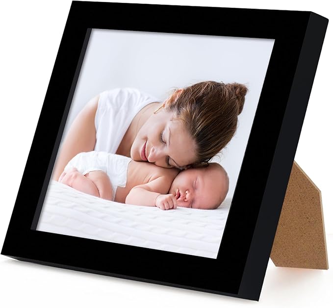 Americanflat 3x3 Picture Frame with Polished Crystal-Clear Glass - Streamline Collection - Thin Border Square Frame for Tabletop Display - Easel Stand Included - Black