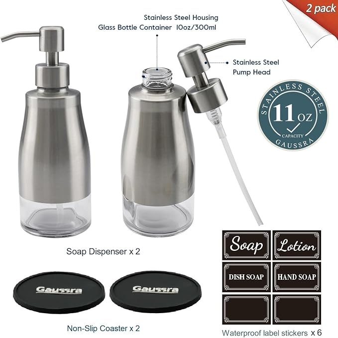 Gaussra 2 Pack Soap Dispenser - 11 OZ / 320 ML | Stainless Steel Case Glass - Image 2