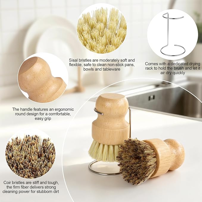Bamboo Dish Brush Set with Holder, 2 Sisal & 1 Palm Scrub Brush | Natural - Image 5