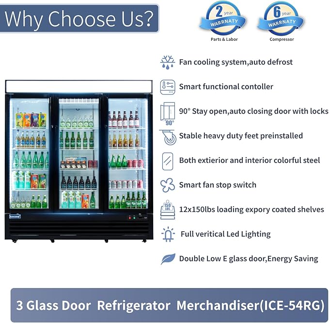ICECASA 72" W Merchandiser Commercial Display Refrigerator Three Glass Door Reach-in 54 Cu.ft Display Refrigerator Fan Cooling for Restuarant, Bar, Shop, etc
