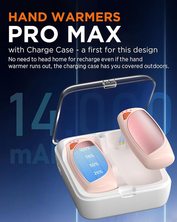 Hand Warmers Rechargeable with Charge Case, 2 Packs 14,000mAh Electric Hand Warmer Battery Powered Dual Sided Reusable Long Battery Life Portable Pocket Heater Gifts for Men Women Golf, Hunting Gear