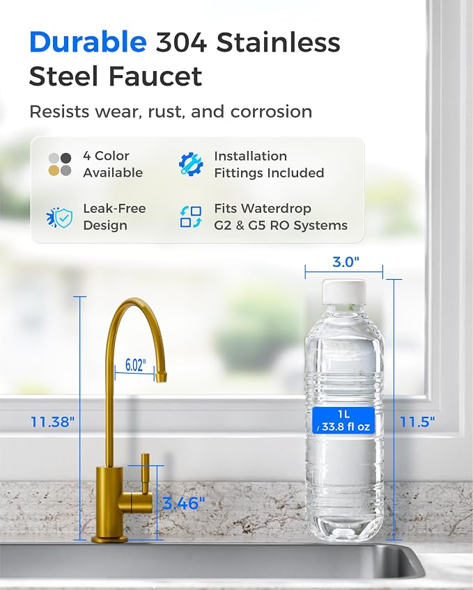 Waterdrop G2FCT-Gold Reverse Osmosis Water Filter Faucet, Brushed Gold | Water - Image 2