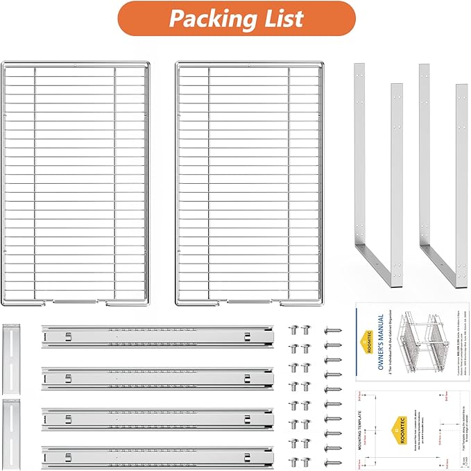 ROOMTEC Individual Pull Out Cabinet Organizer (14½" W x 21½" D), 2 Tier Spice Rack Organizer for Cabinet, Slide Out Drawer Pantry Shelf Organization and Storage for Kitchen Bathroom