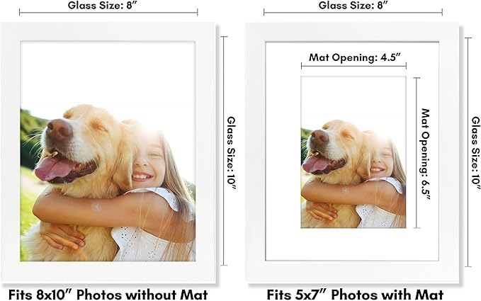 Americanflat 8x10 Picture Frame with Shatter-Resistant Glass - Use as 5x7 Frame with Mat or Display 8x10 Photo Without Mat - Signature Collection - Picture Frames for Tabletop and Wall Display - White