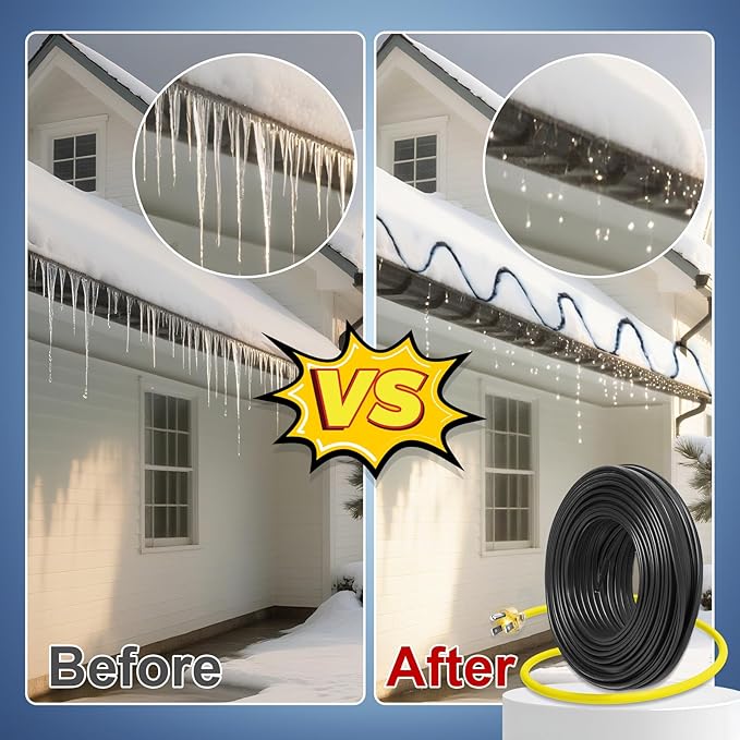 50 FT Gutter Heat Cable Kit, YeloDeer 6 W/FT Heat Tape for Roof and Gutters, Self-Regulating Roof Melt Heating Snow De-Icing Cable, 120V