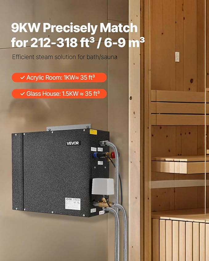 VEVOR Steam Generator, 9 kW Steam Shower System with Controller for Home Sauna Bath Spa, Commercial Auto Drain Kit with Overheat, Dry-Run & Overpressure Protection, 10 Min to 24h Efficient, Black