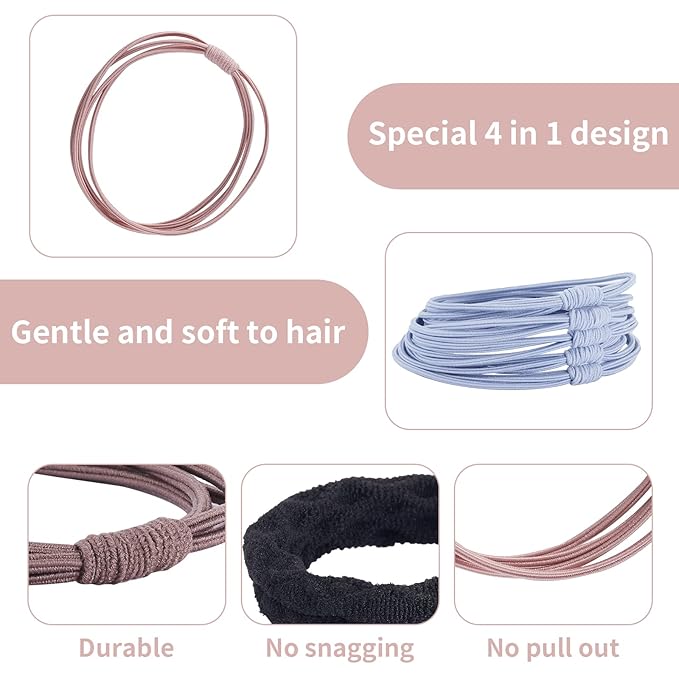 No Dmamage Hair Ties for Girls,Women,Men,Large Pony tails Hair Ties,Handmade Bracelets,No Plastic Hair Tie for Thick Curly Hair,4-1 Design,Hair Elastics (Black blue pink gray)