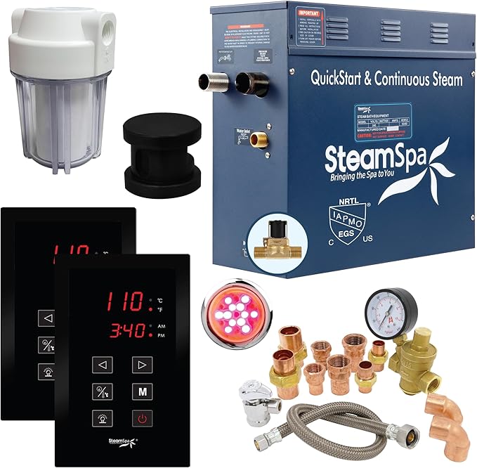 SteamSpa Executive 7.5 KW QuickStart ACU-Steam Bath Generator Package with Built-in Auto Drain and Install Kit in Matte Black | Steam Generator Kit with Dual Control Panel Steamhead 240V | EXT750MB-A