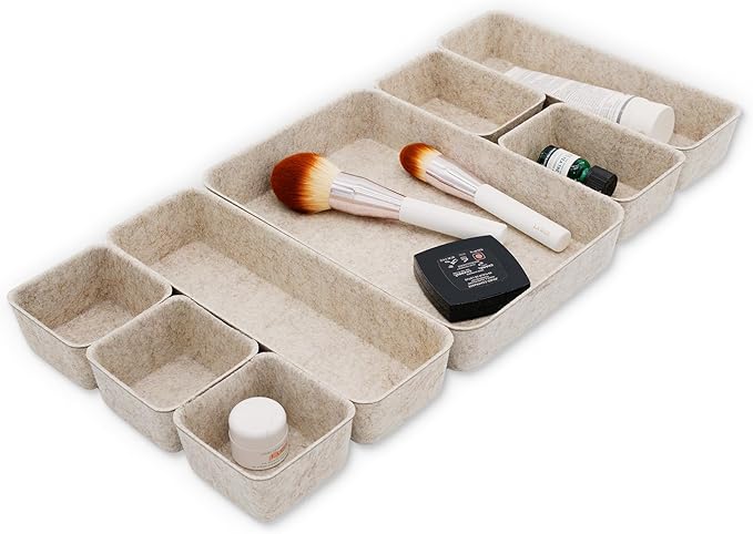 8pc Nordic Felt Desk Drawer Organizer Tray Beige Oatmeal Storage Bin | by Welaxy