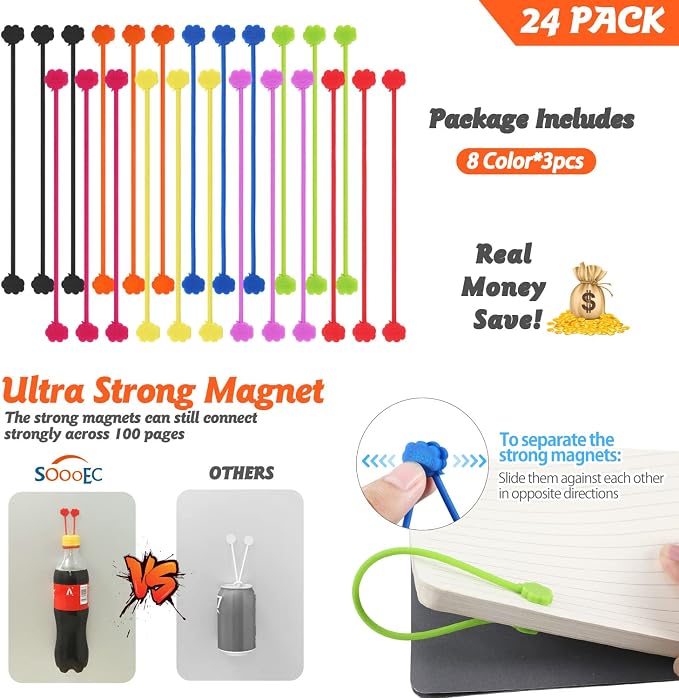 SOOOEC Magnetic Cable Ties 24 Pack, Cute Cloud 7.2" Silicone 8 Colors | Strong - Image 7
