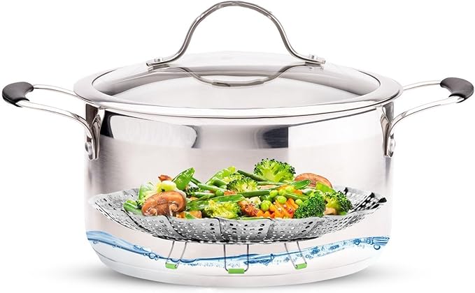 Consevisen Vegetable Steamer Basket for Cooking Food, Stainless Steel Veggie Steam Basket for Pot, Folding Expandable Steaming Insert with Extendable Handle Fits Various Size Pot, 5.1" to 9"