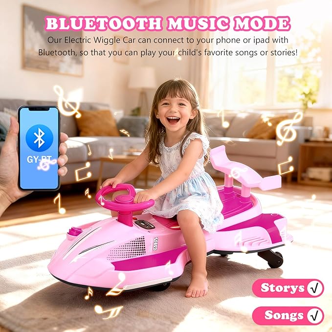 12V Electric Wiggle Car with Pedal, Ride On Car Toy for Kids from Ages 3 and Up, Anti-Rollover, Flashing Wheels, Bluetooth,Tailpipes Jet Effect,Birthday Gifts for Boys and Girls(Lilac+Rose)