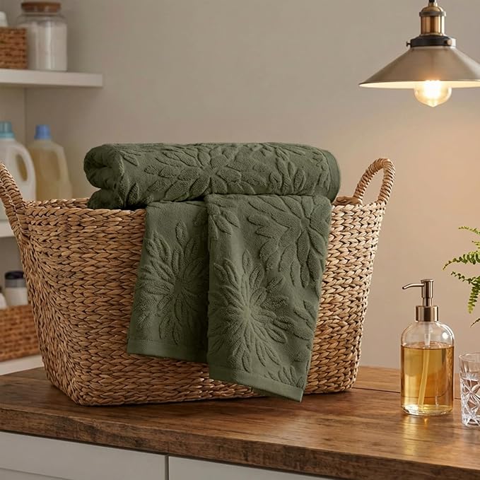 Artoid Mode 2 Pcs Olive Green 3D Dahlia Floral Jacquard Hand Towels - Image 5