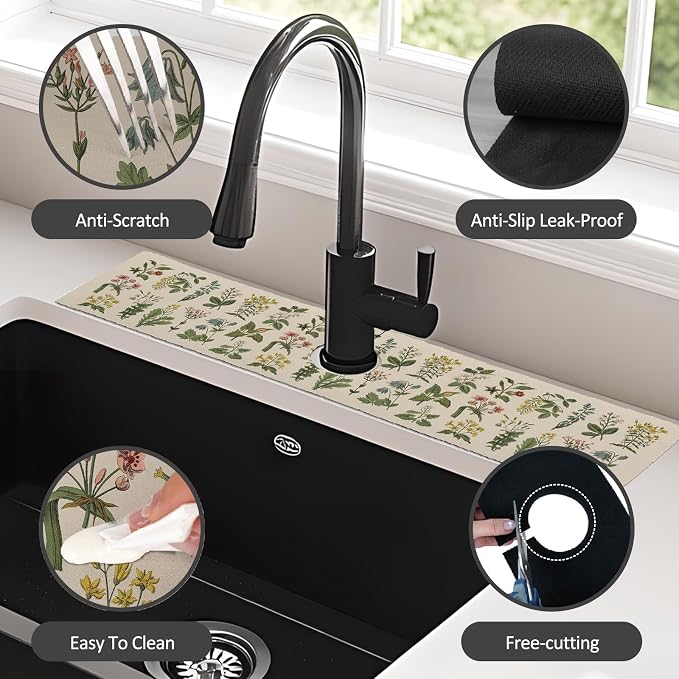 2PCS 24" X 5.5" Kitchen Sink Splash Guard Faucet Mat Floral Super Absorbent - Image 6