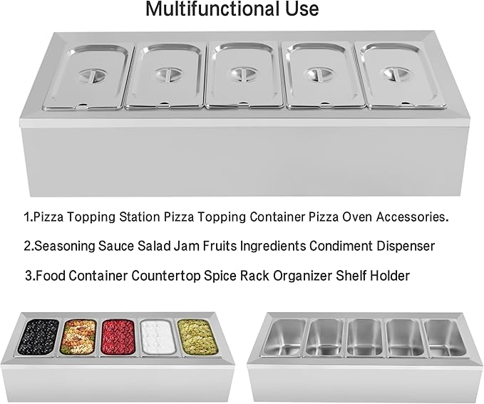 Pizza Topping Station with 5 Pans & Lids, Stainless Steel Condiment Prep Station Food Container Pans, (Country Rustic)