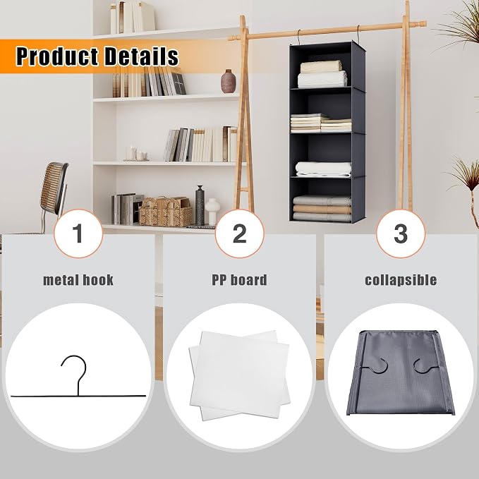 Hanging Closet Organizer 4-Shelf, Oxford Fabric Wardrobe Storage, Dark Grey | - Image 6