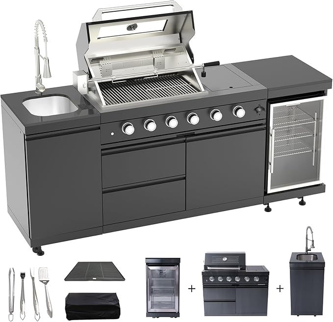 Outdoor Kitchen Island, 84.6 Inch 72000 BTU Gas Grill Combination With Refrigerator and Sink, Outdoor Stainless Steel Barbecue Bar, Natural Gas Barbecue Grill for Patios, Gardens, Parties