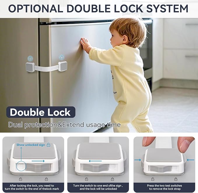 4 Pack Child Safety Cabinet Locks for Baby Proofing, Length Adjustable Latch Straps Dual Button Design for Drawers Fridge Refrigerator Doors Toilet Seat Oven (Grey, 4Pack)