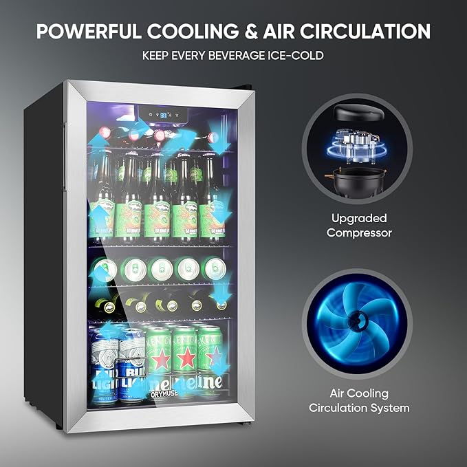 3.2 Cu.Ft Beverage Refrigerator with Compressor Cooling, 130 Can Glass Door Mini Fridge for Soda, Beer & Wine, Adjustable Shelves, Digital Temperature Control, for Home, Office & Bar