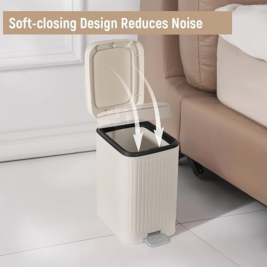 Small Bathroom Trash Can with Lid, 1.9 Gallon Slim Soft Close Step, Cream | - Image 4