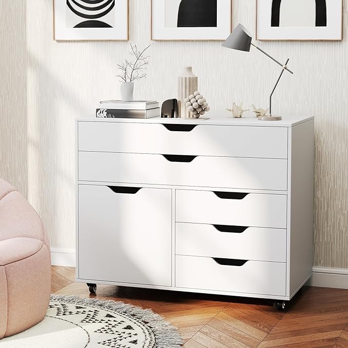 File Cabinet, White Filing Cabinet w/Universal Wheels, Wood Printer Stand w/Storage, Rolling File Cabinets for Home Office, Living Dining Room (White, 2 Large Drawers & 3 Small Drawers)