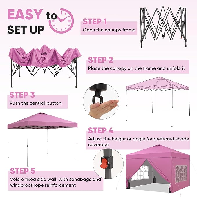 Saemoza 10x10 Pop Up Canopy Tent with One Push Setup, Portable Sun Shade Tent, Instant Easy Up Canopy with 4-Sidewalls & Handbag, Outdoor Fldable Gazebo with Vent Top, Pink.