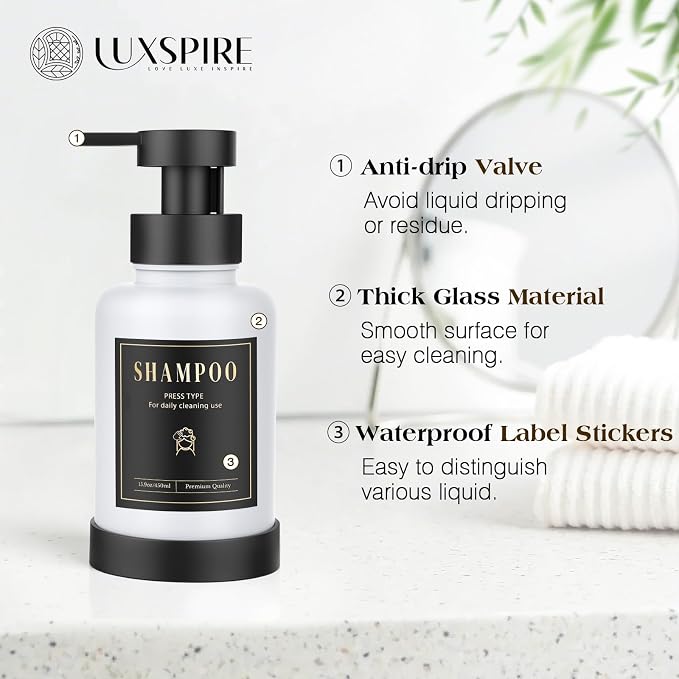 Luxspire Glass Foaming Soap Dispenser 15oz Hand Soap Bottle, 2 Pack | Anti-drip - Image 3