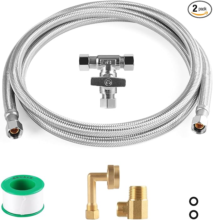 Dishwasher Installation Kit, 8ft,Dishwasher Water Supply Line, Stainless Steel Braided Burst Proof Hose ⅜"by⅜" Kit With Tee Stop Valve