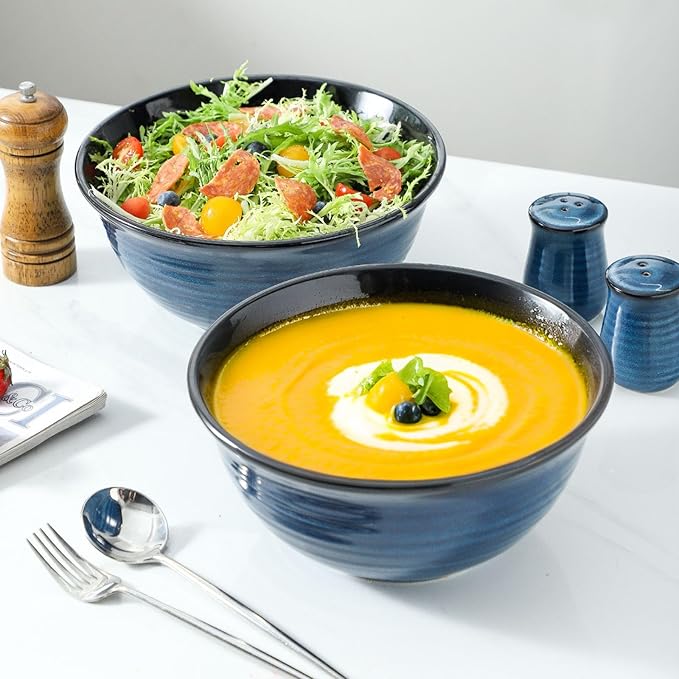 MEKY Serving Bowls, 9 Inch Large Ceramic Salad Bowls for Kitchen, 84 Ounce Mixing Bowl Set of 2, Perfect for Cooking Baking Soup Pasta Fruit and Popcorn, Microwave and Dishwasher Safe, Blue