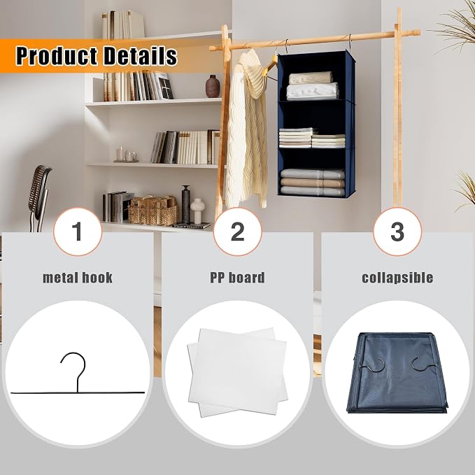 Hanging Closet Organizer 3-Shelf, Oxford Fabric Wardrobe Storage, shoes & - Image 5