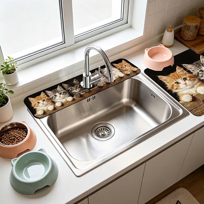 3 Pcs 2 Size Kitchen Sink Splash Guard Faucet Mat Cute Cat Pattern Faucet Mat - Image 5