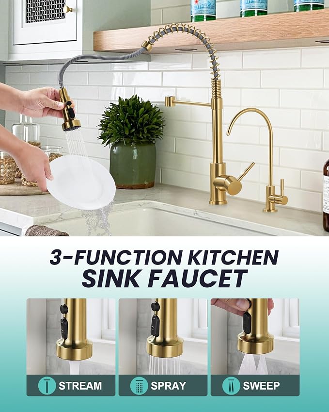 Kitchen Faucet and Water Filter Faucet: Brushed Gold Kitchen Sink Faucet - Image 3