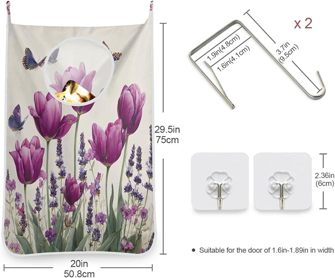 Purple Tulilp Butterfly Hanging Laundry Hamper Door Hampers Bag Basket - Image 3