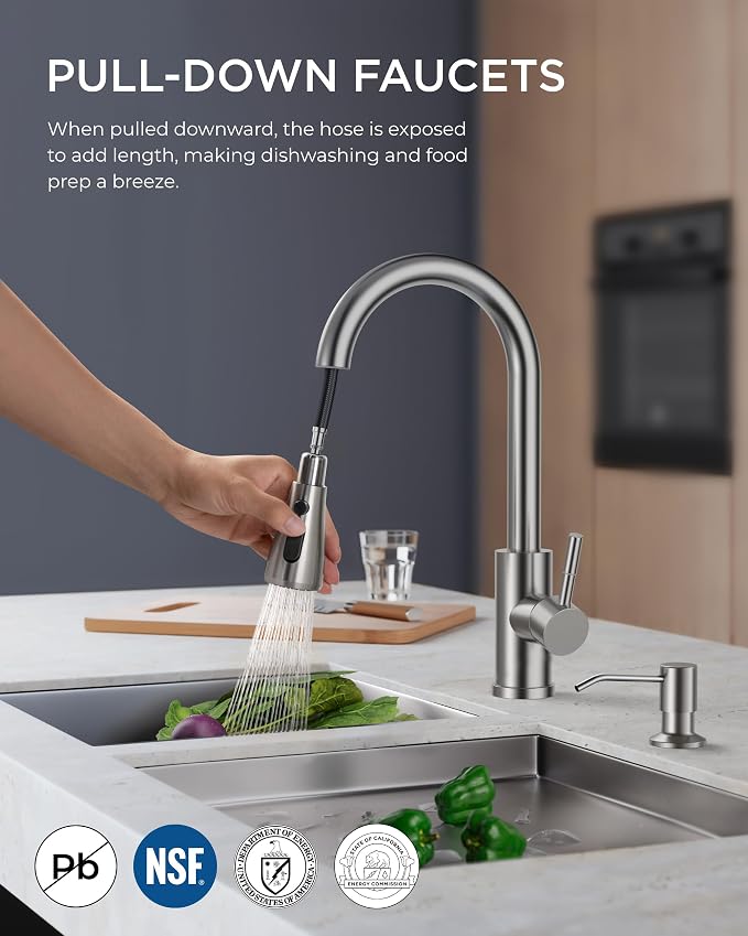 FORIOUS Kitchen Faucet with Soap Dispenser, Single Handle, Brushed Nickel | - Image 2