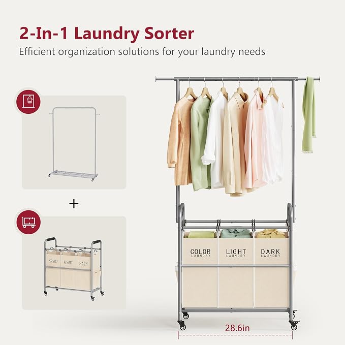 Tajsoon Laundry Hamper with Hanging Rack, Laundry Sorter 3 Section - Image 3