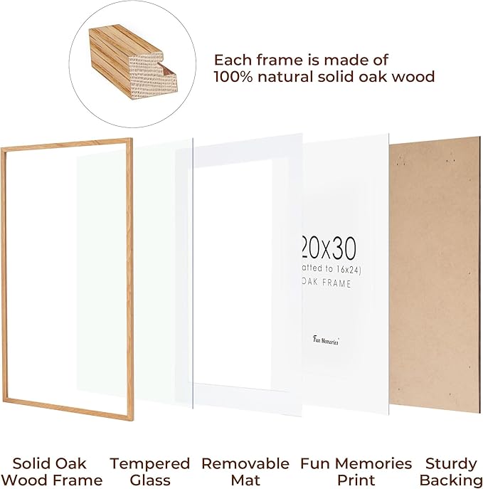 Fun Memories 20x30 Oak Wood Picture Frame, 20"x30" Poster Frame for Wall, 20x30 Picture Frame with Mat for 16x24, 20 x 30 Picture Frames with Real Glass (Beige Oak Color, 2 Pack)