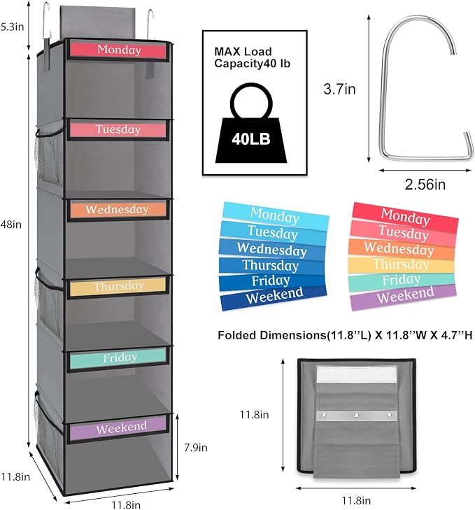 Fixwal Weekly Kids Clothes Organizer 6-Shelf Hanging Closet Storage Grey | - Image 3