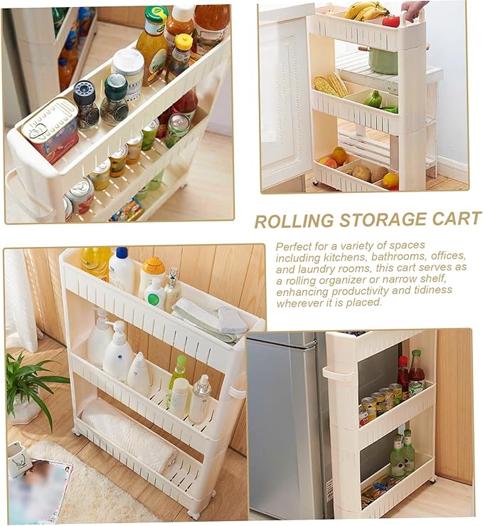 Utility Cart on Wheels 3 Tier Slim Storage Cart with Hooks & Partitions Plastic Narrow Shelf with Handles for Kitchen Bathroom Office Laundry, 29x18x4 Inch Slim Storage