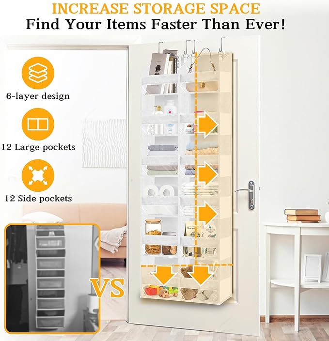 Over The Door Organizer 6 Tiers, Extra Large Behind Door Storage of 12 - Image 3