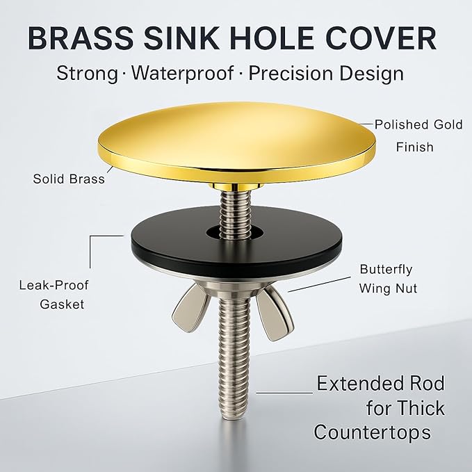 2 Pcs Solid Brass Kitchen Sink Hole Cover, 2 Inch Faucet Hole Cover, Polished Gold Finish Tap Hole Plate Stopper Cover, Countertop Hole Cover for Kitchen and Bathroom Sinks (Polished Gold)