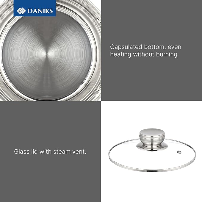 Daniks Standard 6-Piece Stainless Steel Cookware set with Glass Lid, Try-Ply Bases for Even Heating, Induction Compatible, Dishwasher Safe, Built-In Measuring Scale, Silver